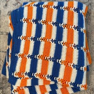 Handmade Crochet University of Floral Orange, White, and Blue stripe Bed Spread